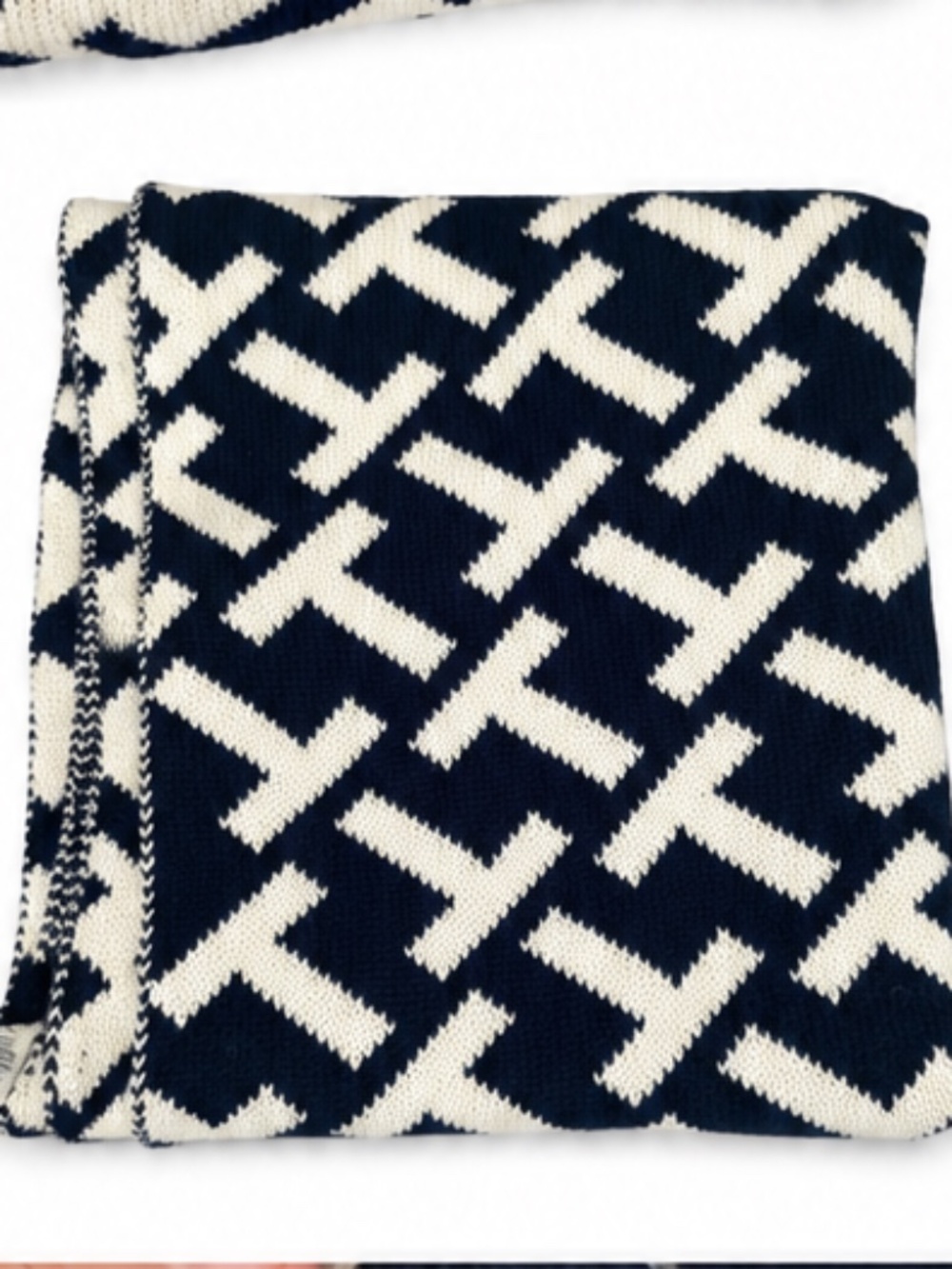 Tory Burch Sport Navy & White Monogram Knit Scarf | Like New